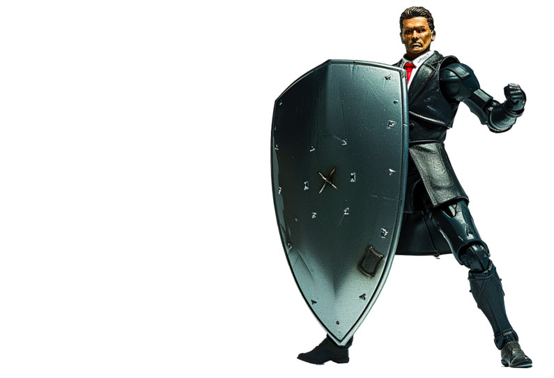 Action figure with a shield protecting online brands.