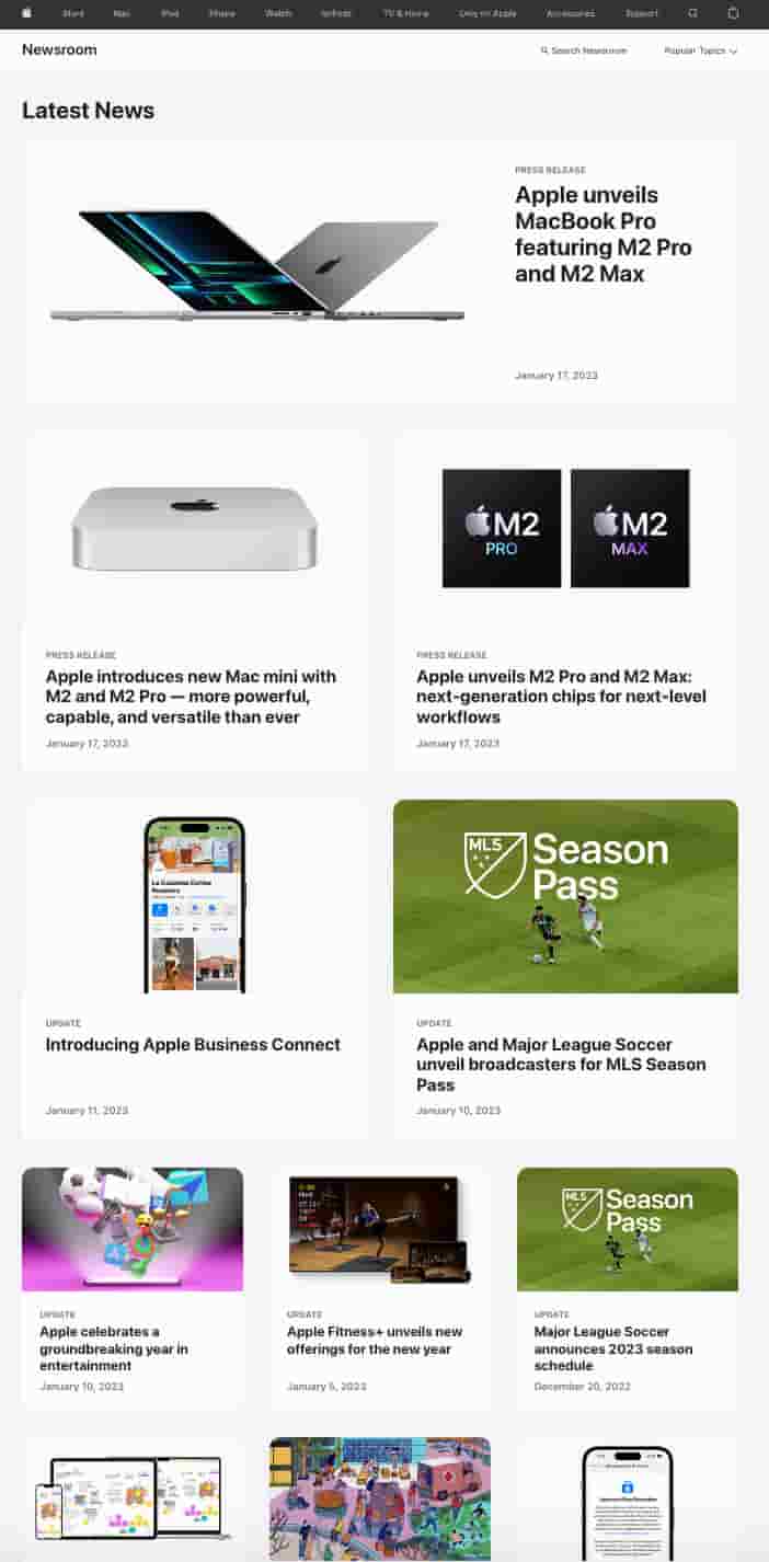 Apple's Newsroom page showing a list of company press releases organized by date
