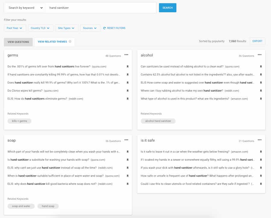 Buzzsumo question research tool showing niche questions organized by topic