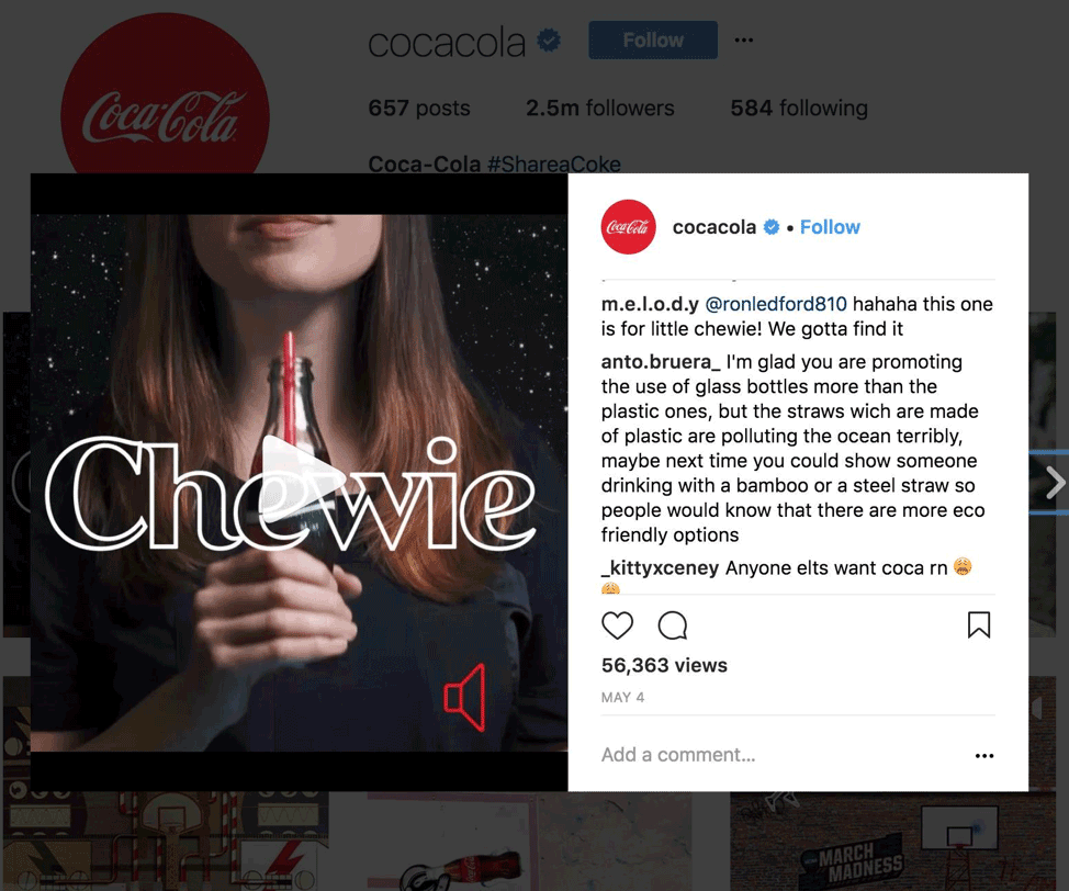 Instagram comment on Coca-Cola post about plastic straw use in advertising