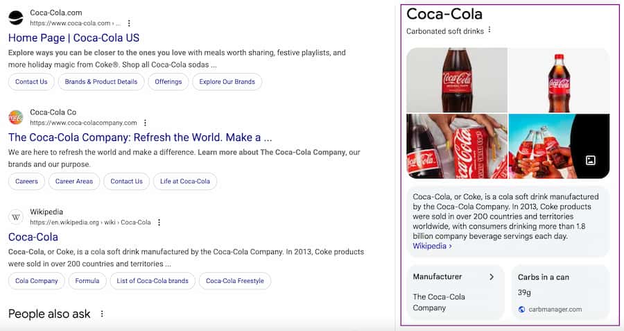 Google Knowledge Panel for Coca-Cola showing company logo, founding year, headquarters, and key executives