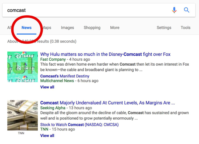 Google News tab search results for Comcast showing recent coverage