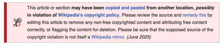 Wikipedia copyright violation tag indicating an article contains improperly copied content