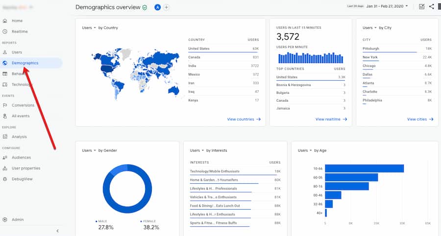 Google Analytics 4 Demographics Overview report showing audience age, gender, and interests