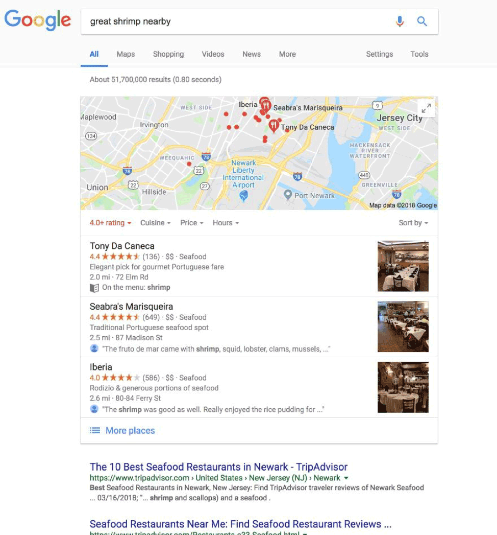 Google local pack results for 'great shrimp nearby' showing star ratings above the fold