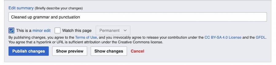 Screenshot of Wikipedia edit summary and minor edit checkbox.