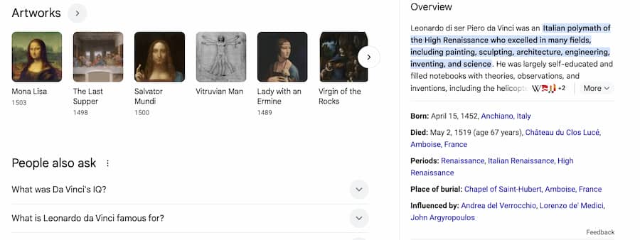 Google Knowledge Panel for Leonardo da Vinci showing biographical details and related entities