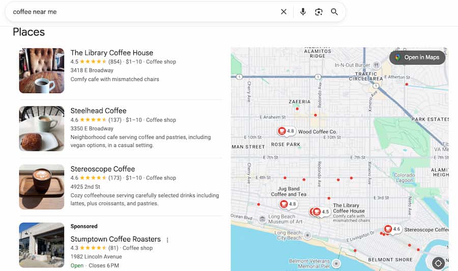 Example of a Google Local Knowledge Panel for a restaurant showing menu, photos, reviews, and operating hours