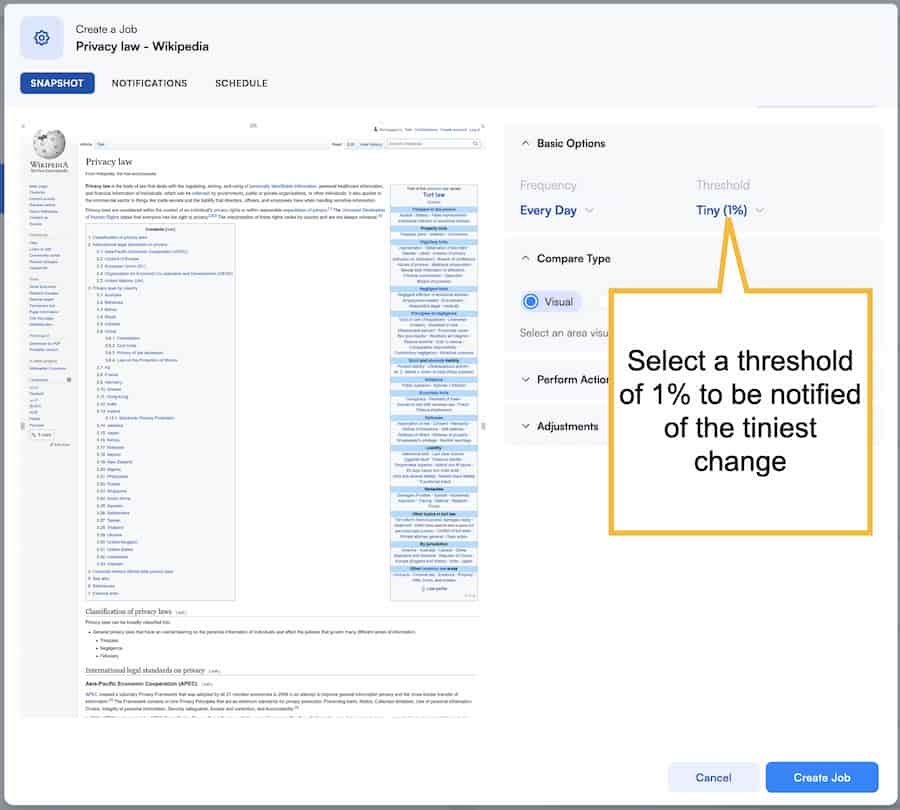 Visualping dashboard used to monitor privacy policy changes and reduce reputation risk