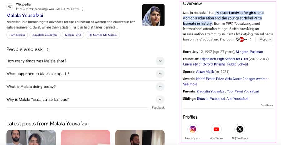 Google Knowledge Panel for Malala Yousafzai showing biographical information, photo, and social links