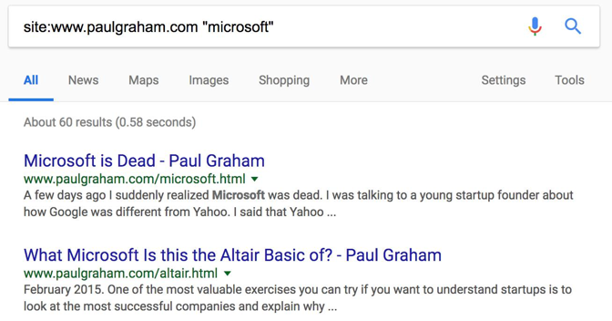 Site-specific Google search showing Microsoft mentions on a blog