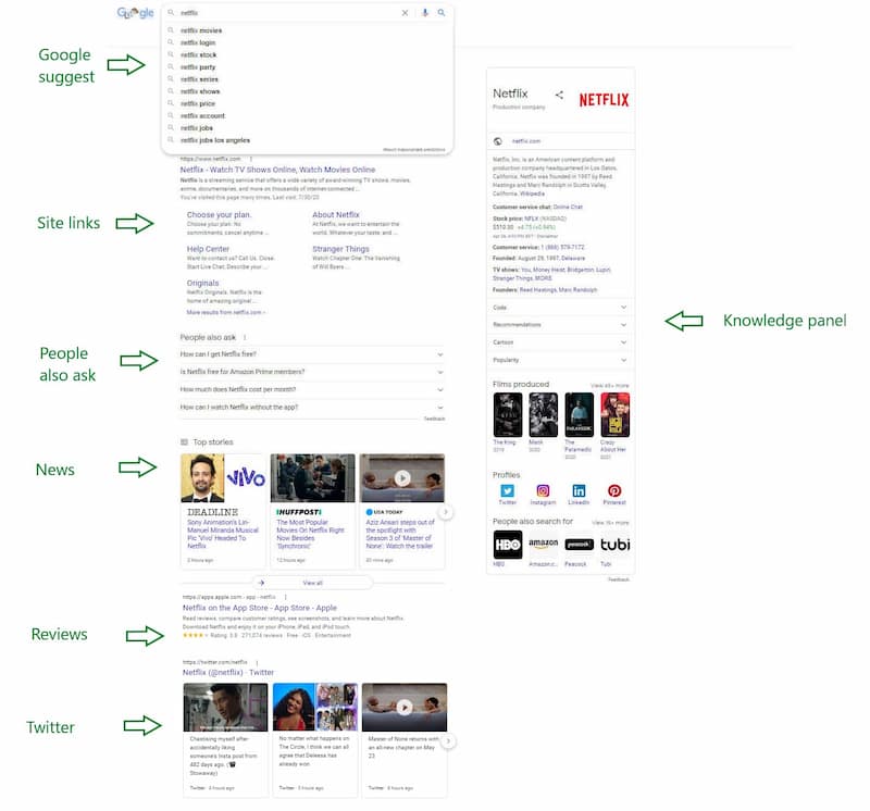 Google search results page for Netflix showing branded search results