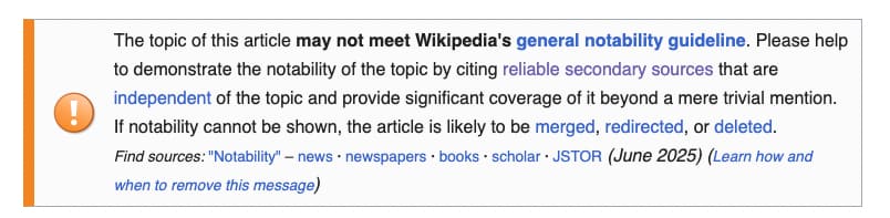Wikipedia notability tag indicating an article may not meet inclusion guidelines