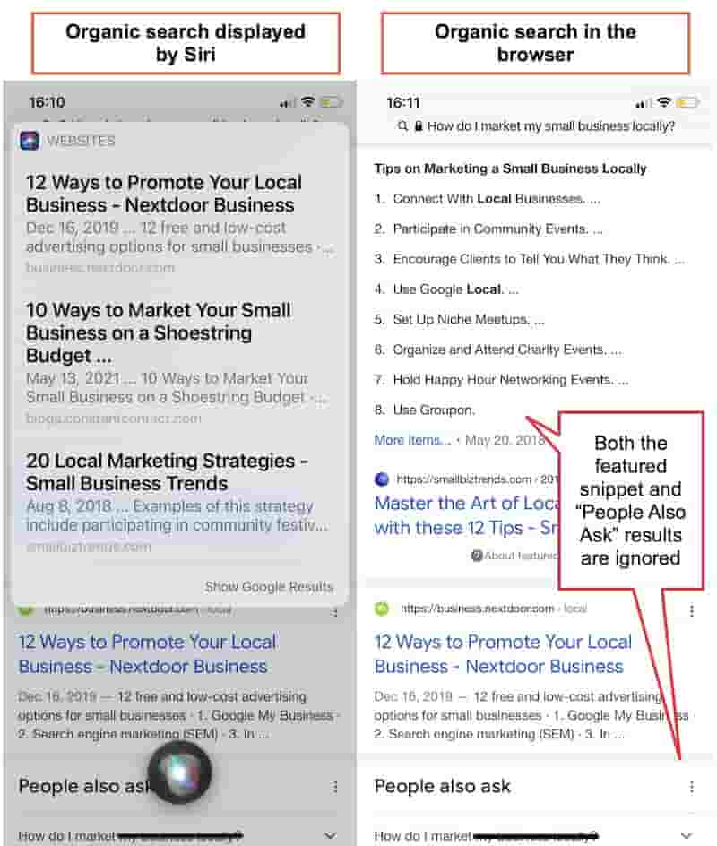 Organic search results displayed on a mobile device