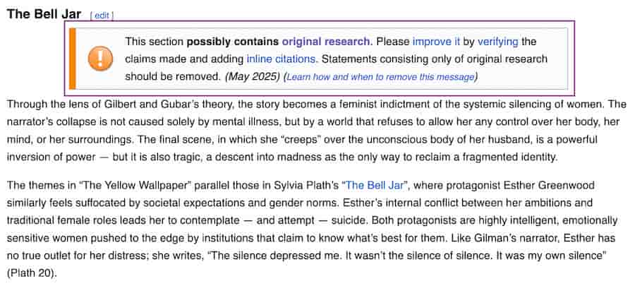 Screenshot of a Wikipedia original research tag applied to an article flagged for policy violations.