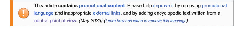 Wikipedia promotional content tag warning that an article reads like an advertisement