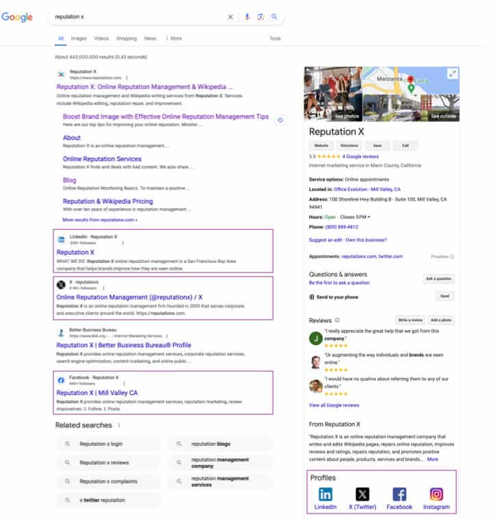 Google search result page showing Reputation X's top search results.