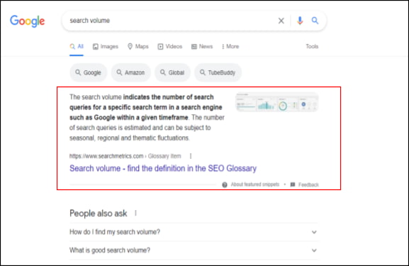 Google featured snippet showing a definition box for the search query 'search volume'