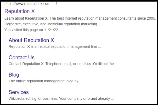 Example of Google sitelinks appearing in search results