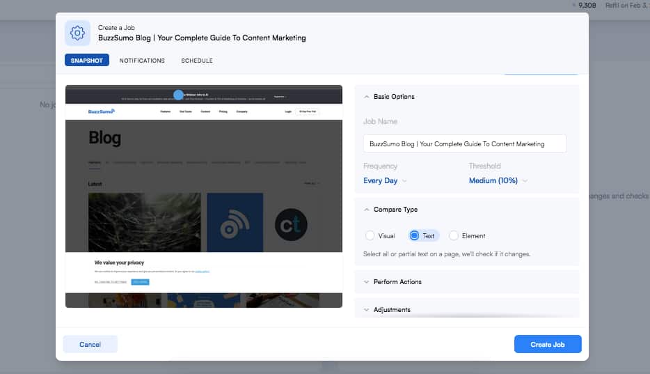 Visualping dashboard showing a monitored competitor blog page with change detection alerts