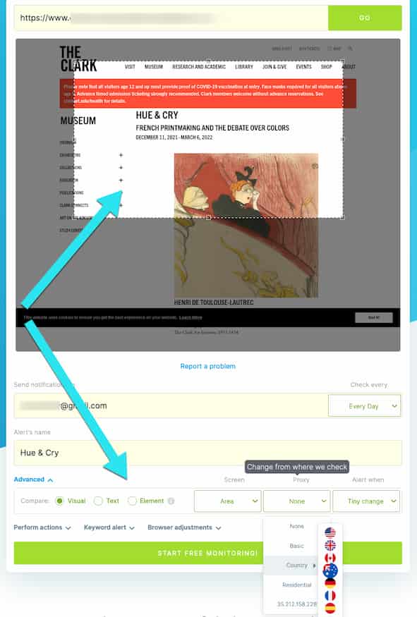 Visualping tool showing a side-by-side comparison of webpage changes detected on a competitor's landing page