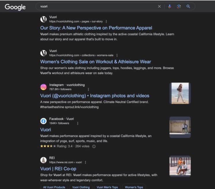 A screenshot of clothing brand Vuori's Google search results showing that its social media pages rank high.