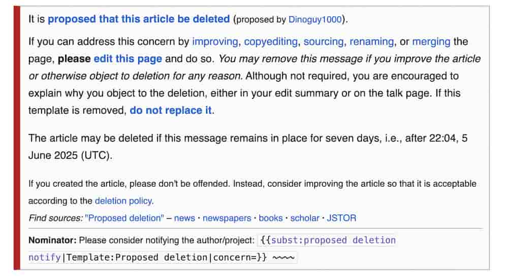 Example of a Wikipedia Proposed Deletion (PROD) notice on an article page