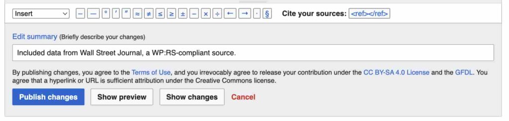 Wikipedia edit summary input field shown during the publishing process