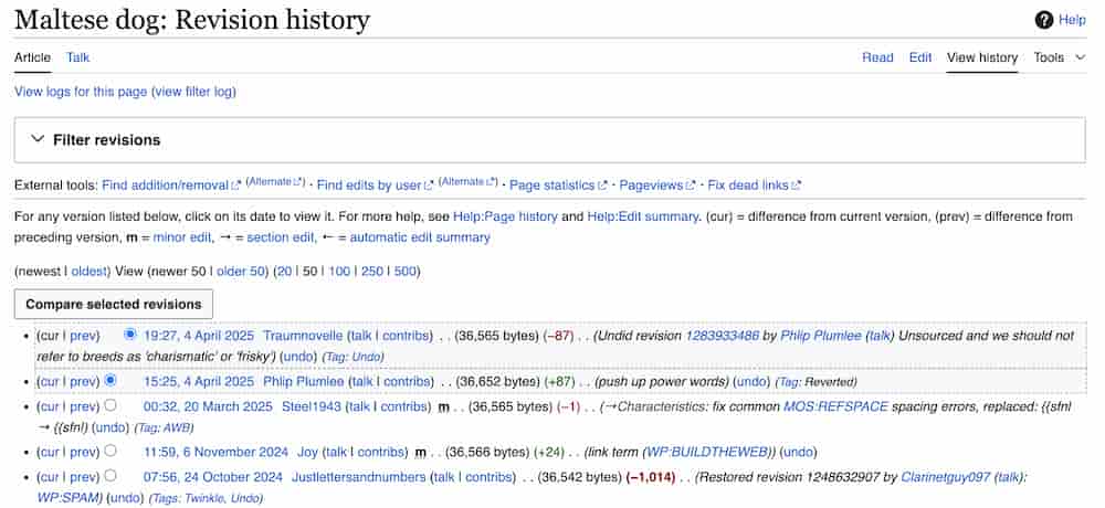 Wikipedia article revision history page showing a log of past edits