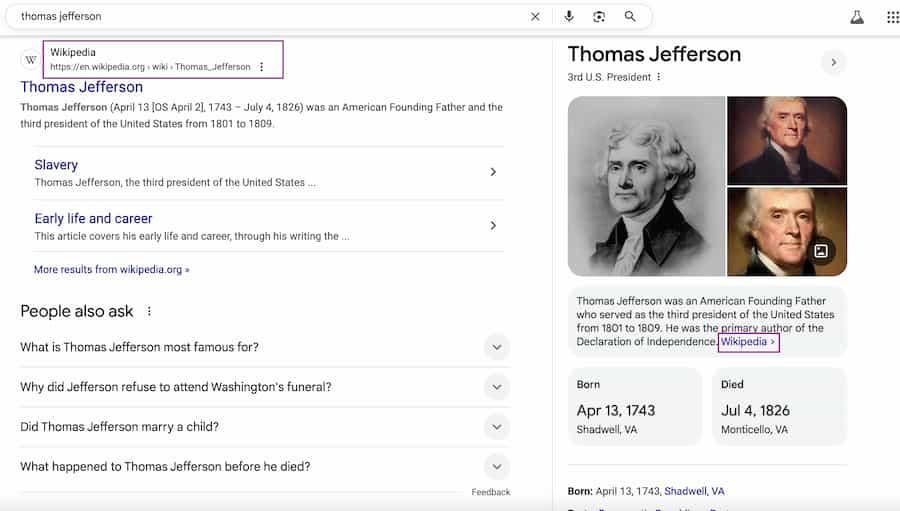 Screenshot showing Wikipedia content appearing as a source within a Google Knowledge Panel