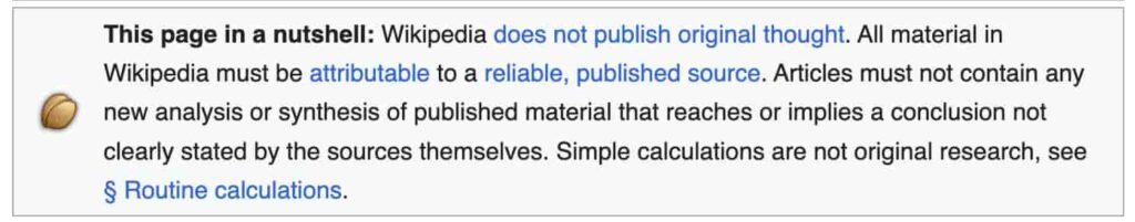 Screenshot of Wikipedia's no original research policy page.