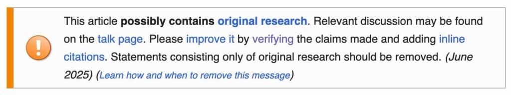 Wikipedia no original research policy banner