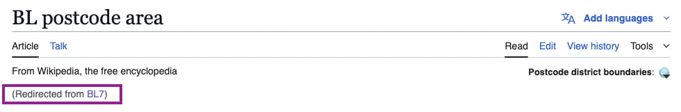 Example of a Wikipedia redirect notice pointing users to a related article