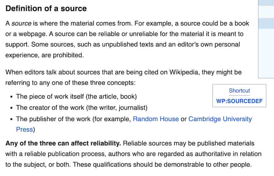 Wikipedia's definition of a reliable source, showing criteria for editorial oversight and fact-checking.