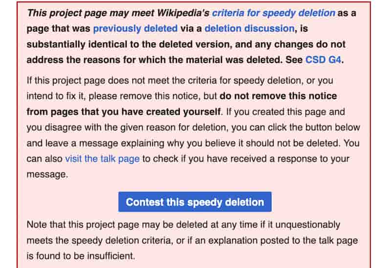 Example of a Wikipedia speedy deletion template tag applied to an article
