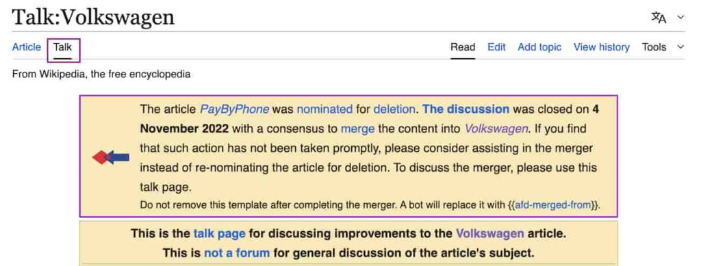 Wikipedia article talk page showing editor discussion