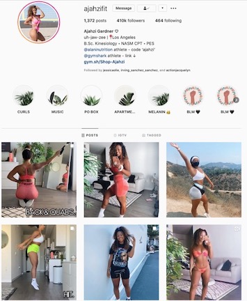 Fitness influencer Ajahzi Gardner's Instagram grid, aligned with the Gymshark brand look.