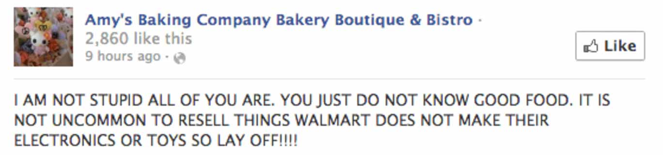 Screenshot of Amy's Baking Company's hostile Facebook responses following their Kitchen Nightmares appearance.
