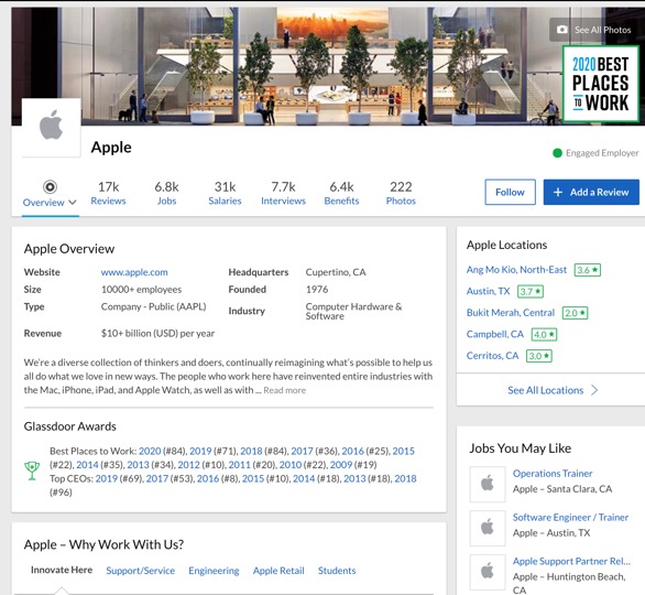 Apple's Glassdoor employer profile showing company overview and awards