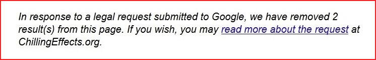 Lumen Database notice example Example of a Lumen Database notice appearing at the bottom of a Google search results page after content removal