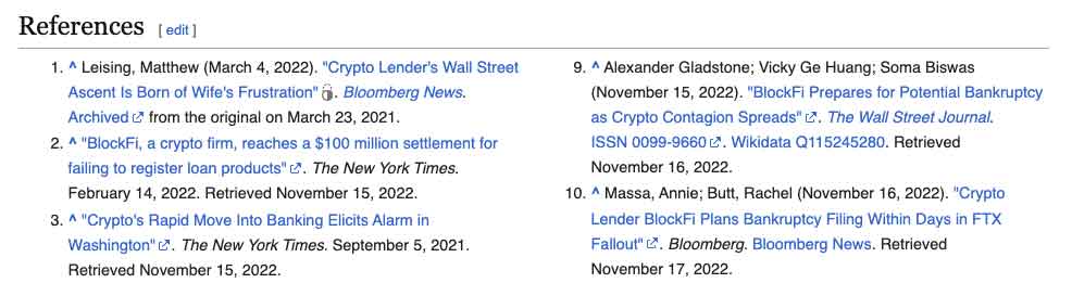 Example of Wikipedia references from the bottom of a Wikipedia article.