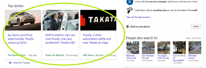 Earned media example showing Toyota news articles from The Detroit News, Green Car Reports, and ABC News appearing in search results.