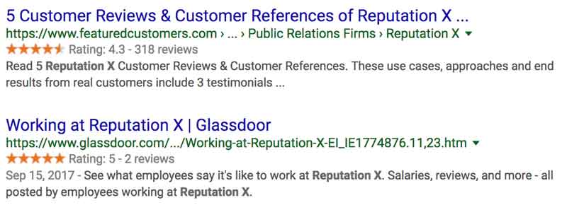 Example of business reviews displayed in Google search results