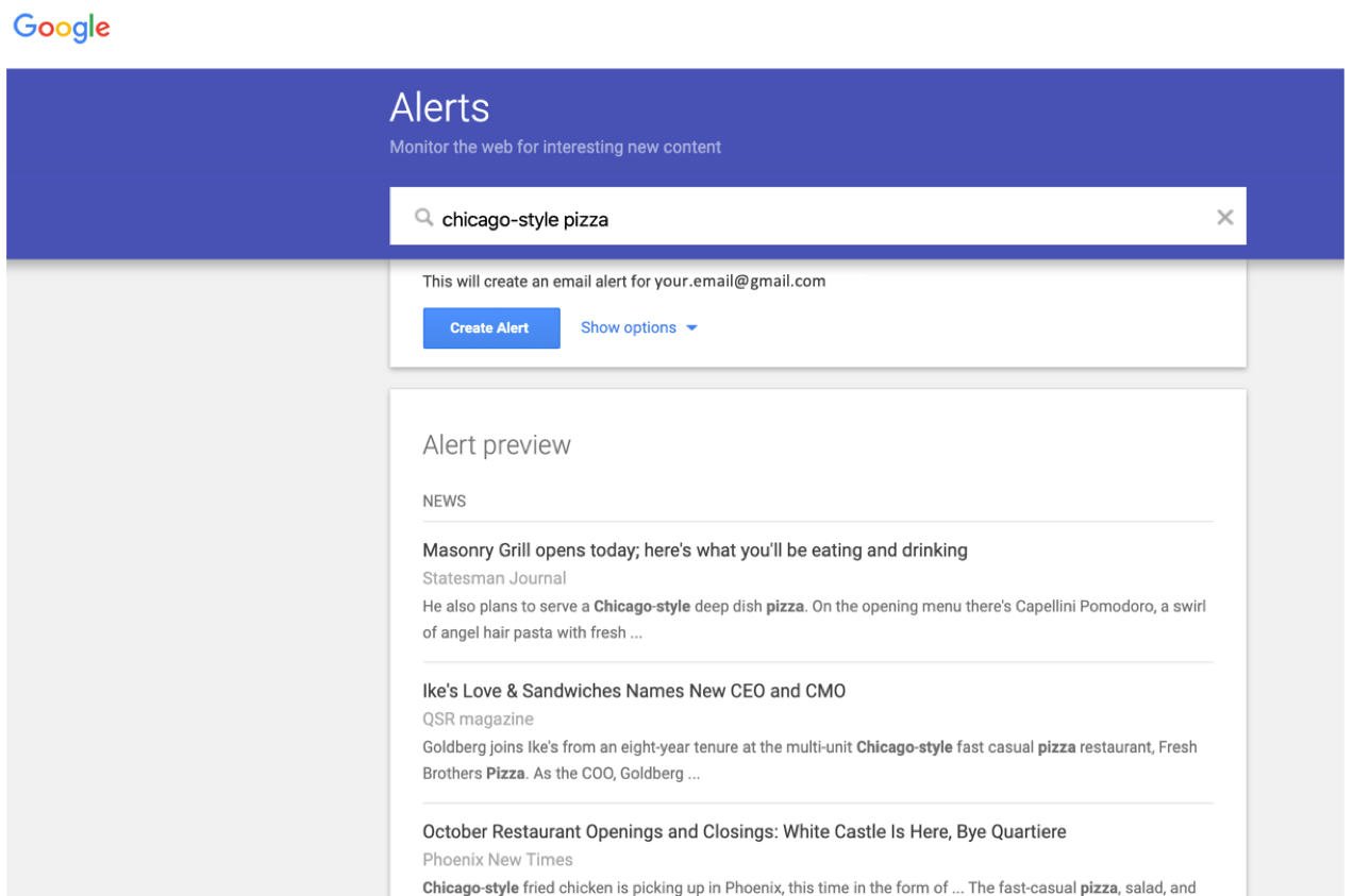 Google Alerts setup interface for brand mention monitoring