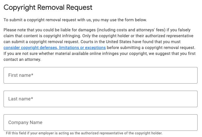 Google copyright removal request form used to submit a DMCA takedown notice