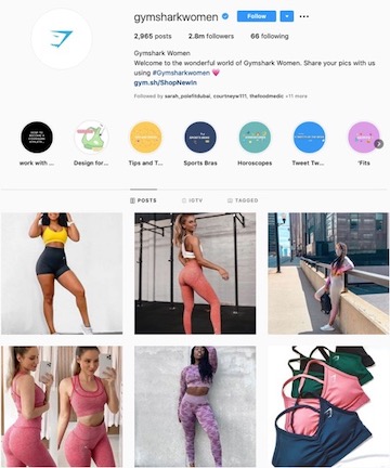 Gymshark Women's Instagram grid showing a lifestyle-focused brand aesthetic.