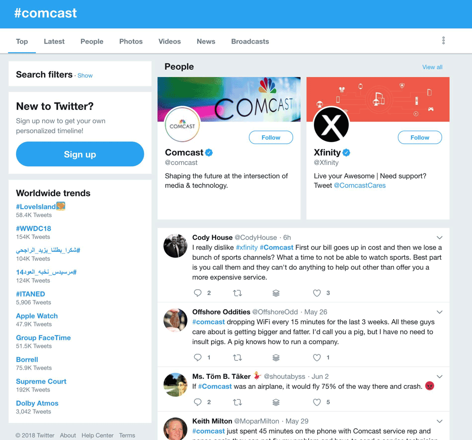 Twitter hashtag search results for Comcast showing customer complaints