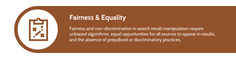 Diagram illustrating fairness and non-discrimination principles in search engine result ranking.