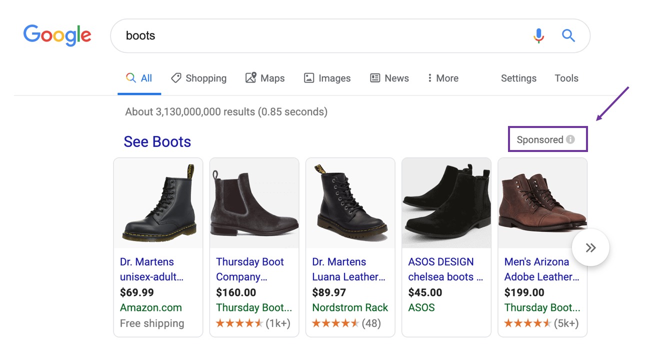 Example of product ads displayed in a Google shopping carousel