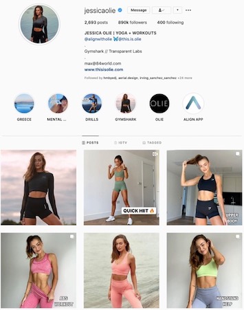 Fitness influencer Jessica Olie's Instagram grid, reflecting the Gymshark brand aesthetic.